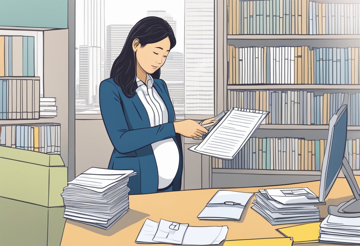 A pregnant woman submitting documents to her employer for maternity leave entitlement in Singapore