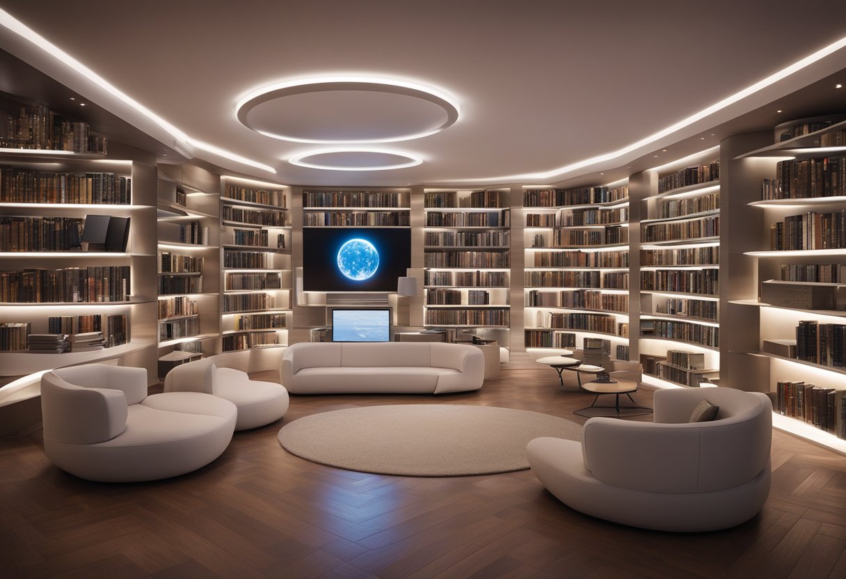 A sleek, futuristic home library with holographic book displays, interactive touch screens, and AI-powered book recommendations. The space features integrated sound systems and adjustable lighting for a personalized reading experience