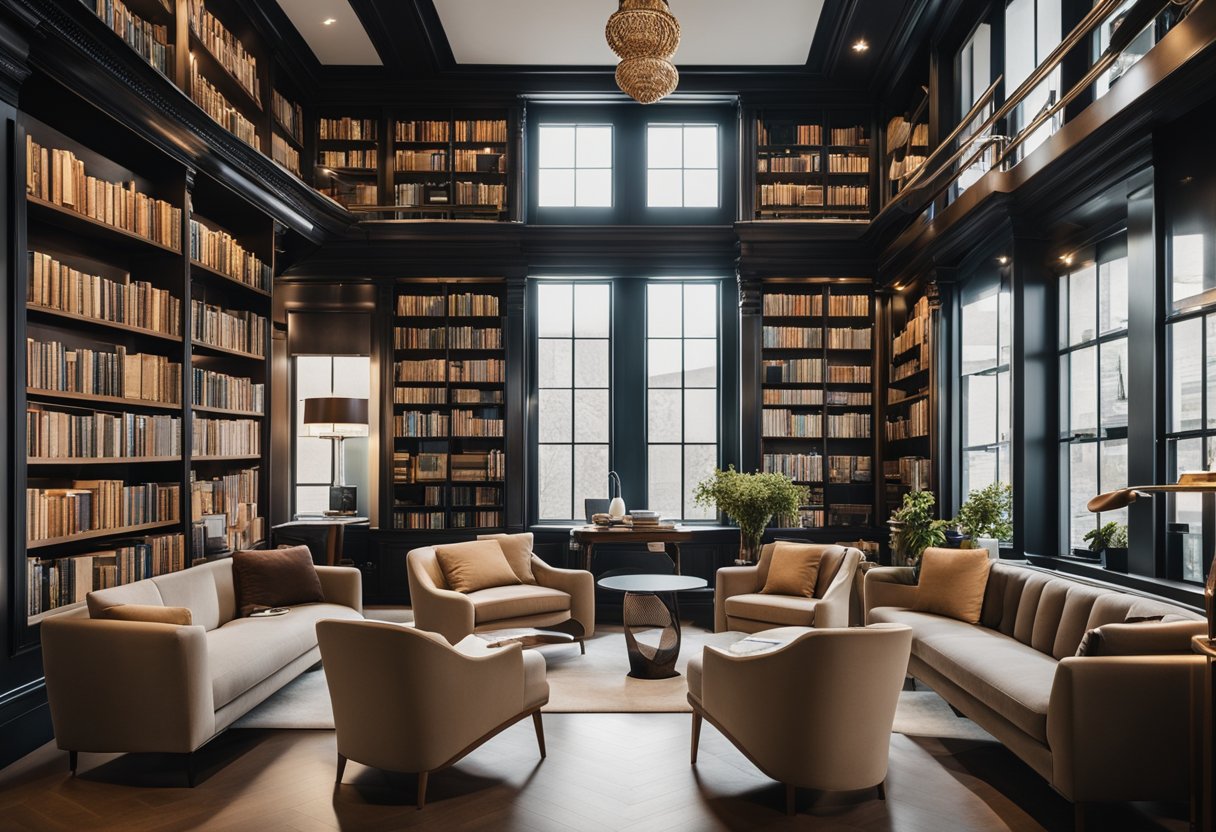 A minimalist library with clean lines, neutral colors, and sleek furniture. A maximalist library with bold patterns, vibrant colors, and an abundance of books and decor
