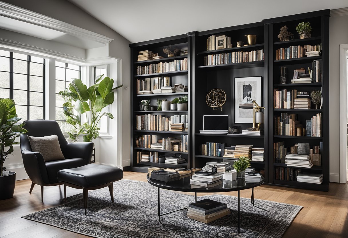 A sleek, monochromatic home library with clean lines and minimalist furniture contrasts with a vibrant, eclectic space filled with bold colors, patterns, and an abundance of books