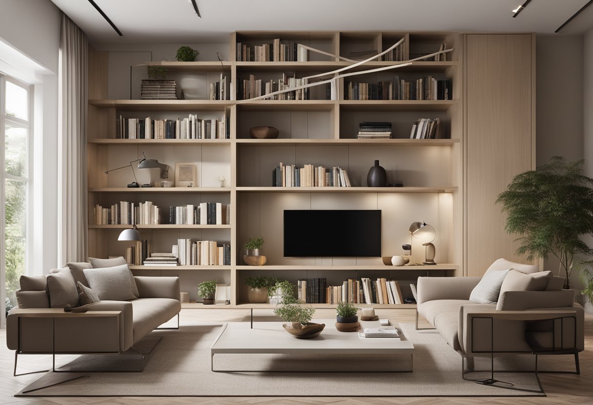 A sleek, minimalist home library with global cultural design elements. Clean lines, neutral colors, and natural materials create a contemporary yet welcoming space