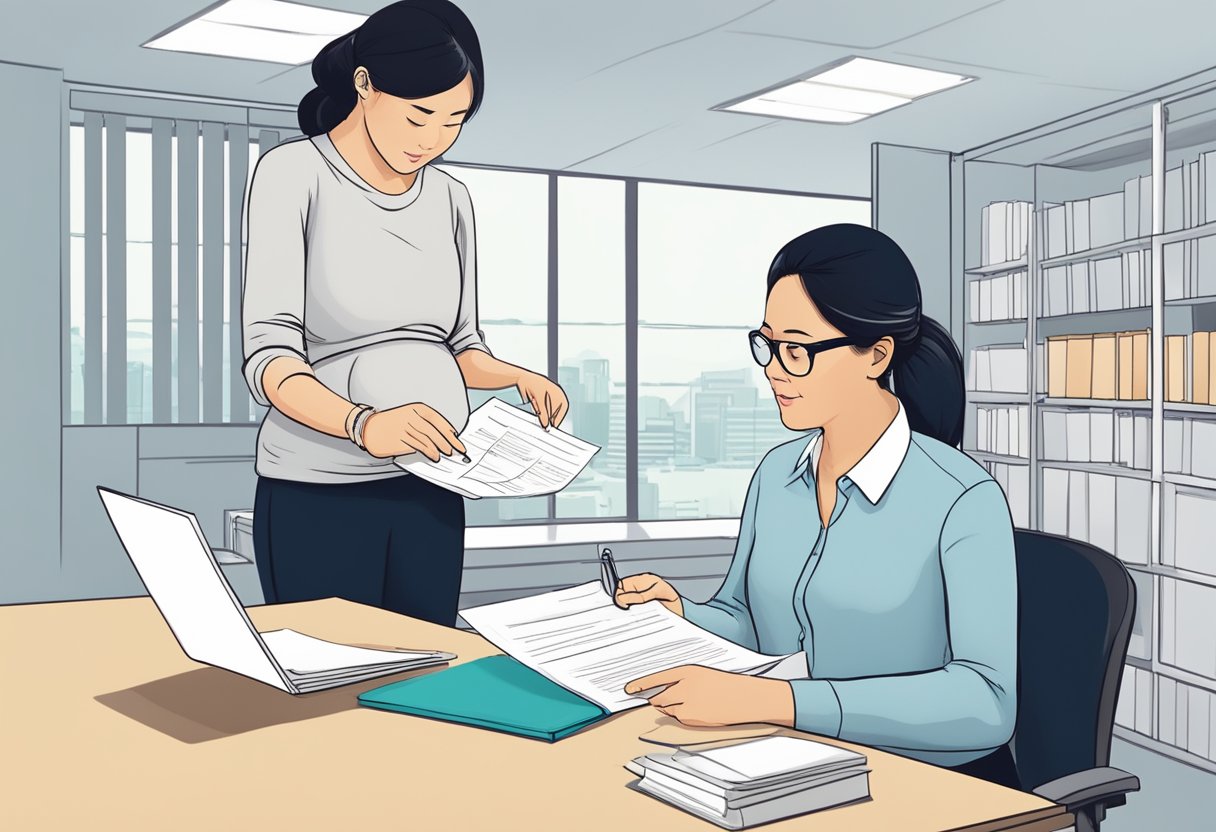 A pregnant woman submitting maternity leave forms to her employer in Singapore