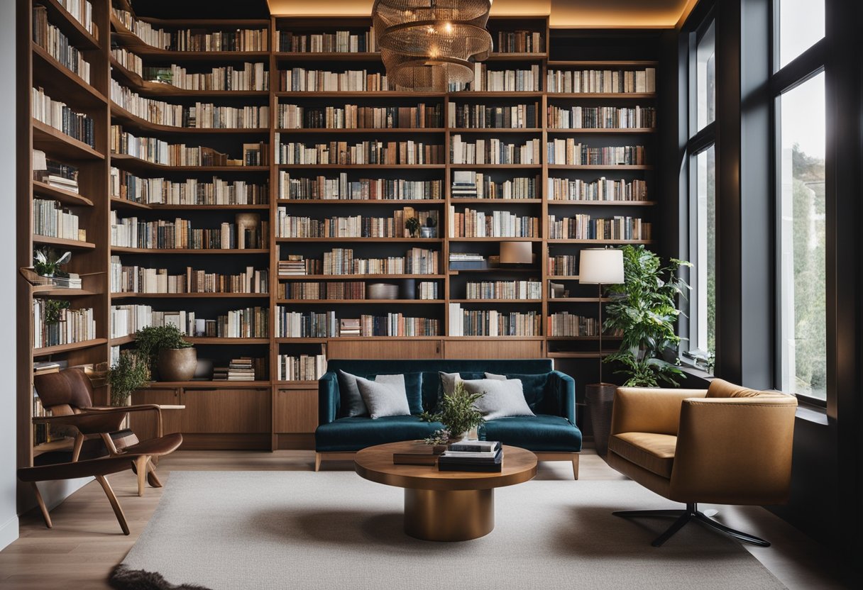 A modern home library with minimalist design, featuring clean lines, natural light, and open space. Contrast with a maximalist library, filled with rich textures, layers of books, and cozy seating