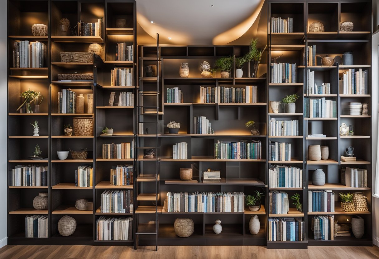 A variety of bookshelf designs are displayed, showcasing different materials such as wood, metal, and glass. The shelves are arranged in a unique and creative manner, adding visual interest to the home library
