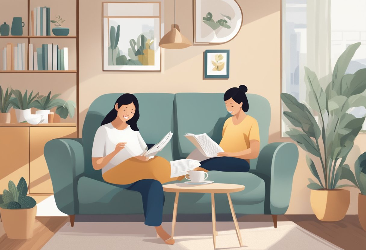 A mother-to-be reading a pamphlet on maternity leave rights in Singapore, surrounded by a cozy living room with a warm cup of tea