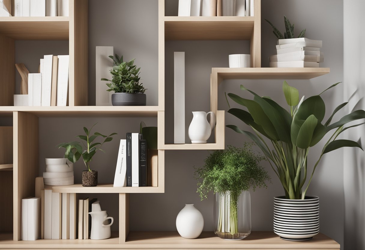 A modern, minimalist bookshelf with clean lines and open shelving, showcasing a mix of books, plants, and decorative objects