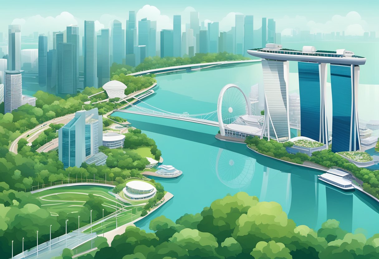 A bustling cityscape with iconic landmarks like the Marina Bay Sands and the Singapore Flyer, surrounded by modern skyscrapers and lush greenery