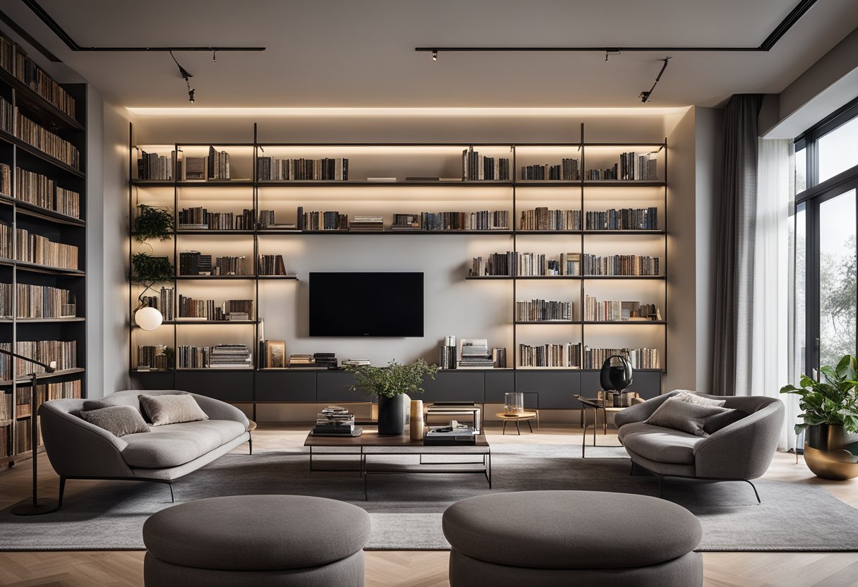 A sleek, modern home library with clean lines and neutral colors. Minimalist style features simple, uncluttered shelves and furniture. Maximalist style includes bold patterns, rich colors, and eclectic decor