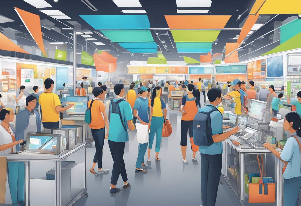 A bustling tech market with vibrant displays and interactive demos at Hardware Zone, Singapore