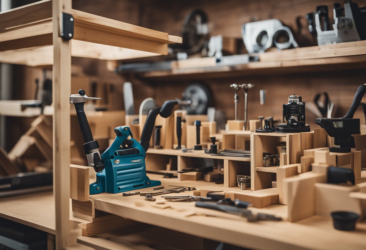 A handcrafted bookshelf being assembled with tools and materials scattered around on a workbench. A step-by-step guide book is open to a page showing the construction process