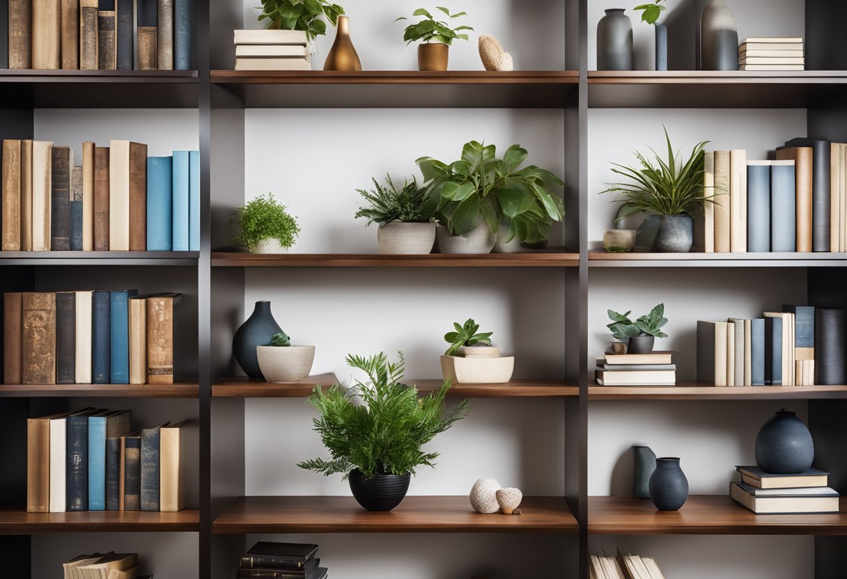 A modern, floating bookshelf design with asymmetrical shelves, showcasing a mix of books, plants, and decorative objects, creating an artistic and functional display for a contemporary home library