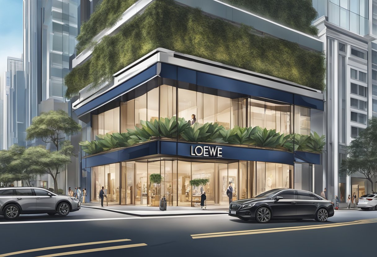 The iconic Loewe store in Singapore, with its sleek modern architecture and stunning window displays, stands out amidst the bustling cityscape