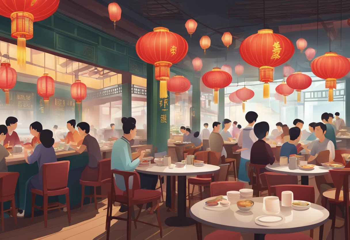 A bustling Chinese restaurant in Singapore, with red lanterns, round tables, and steaming dishes on the counter