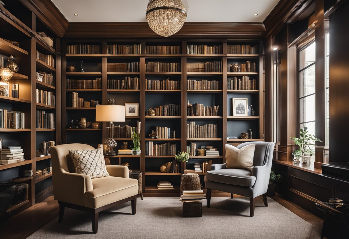 A cozy home library with unique bookshelves, adorned with decorative accessories and elegant decor, creating a sophisticated and inviting atmosphere