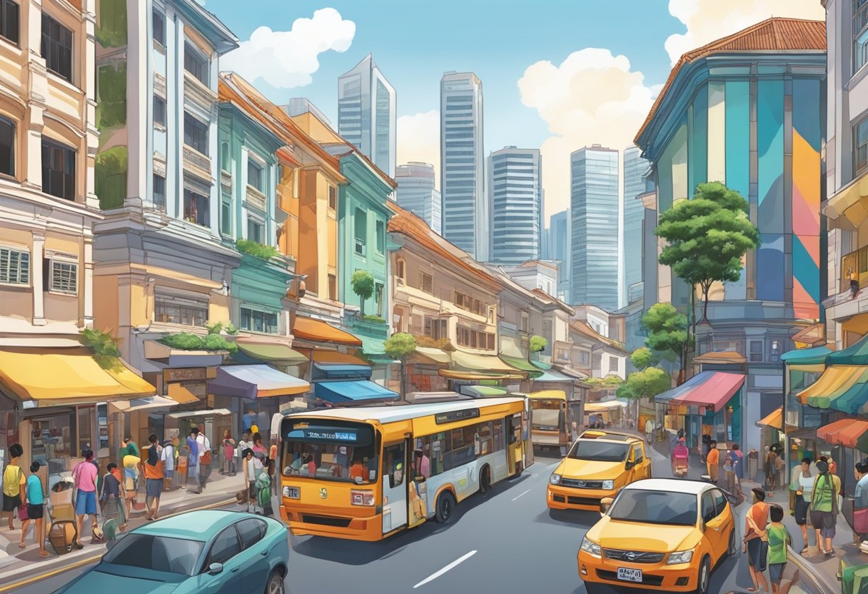 Busy Singapore street with colorful shophouses, bustling markets, and towering skyscrapers. Pedestrians and vehicles fill the scene, capturing the vibrant energy of the city