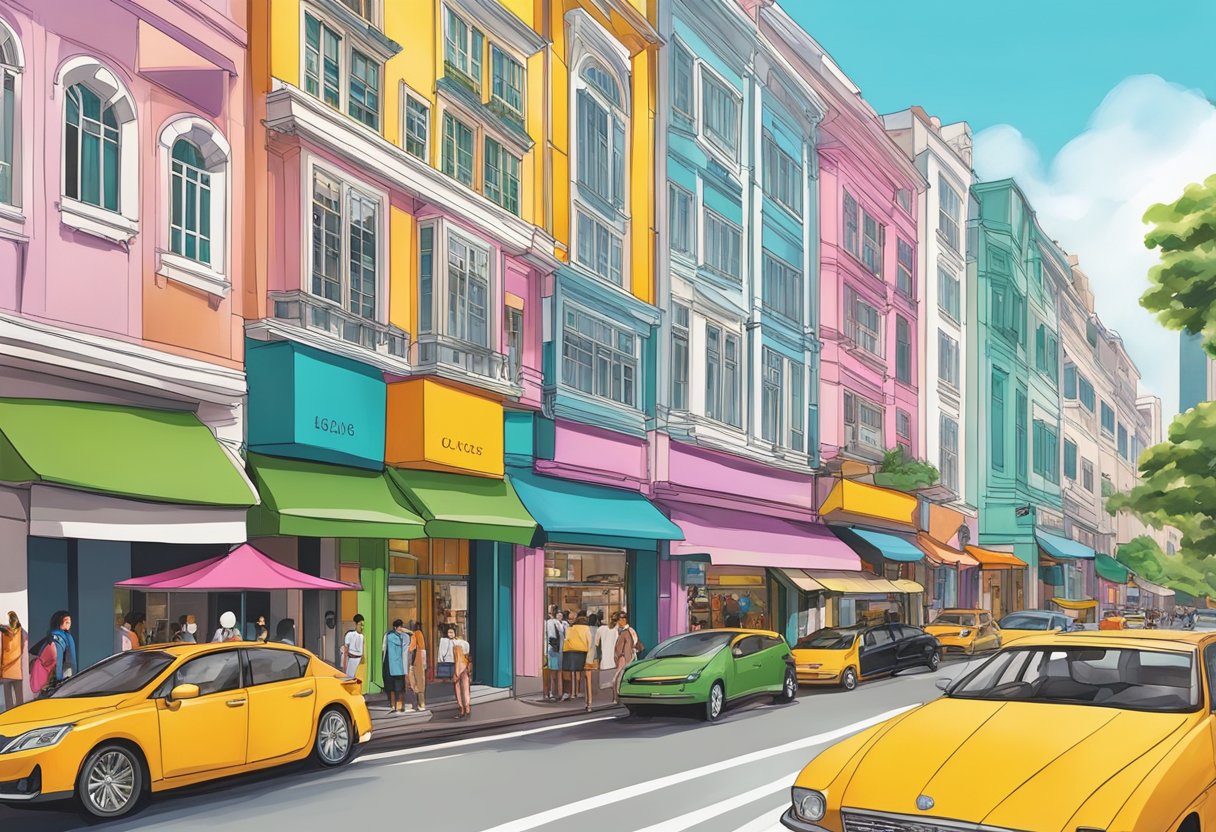 A bustling street in Singapore, with the iconic Loewe storefront standing out among the vibrant colors and modern architecture