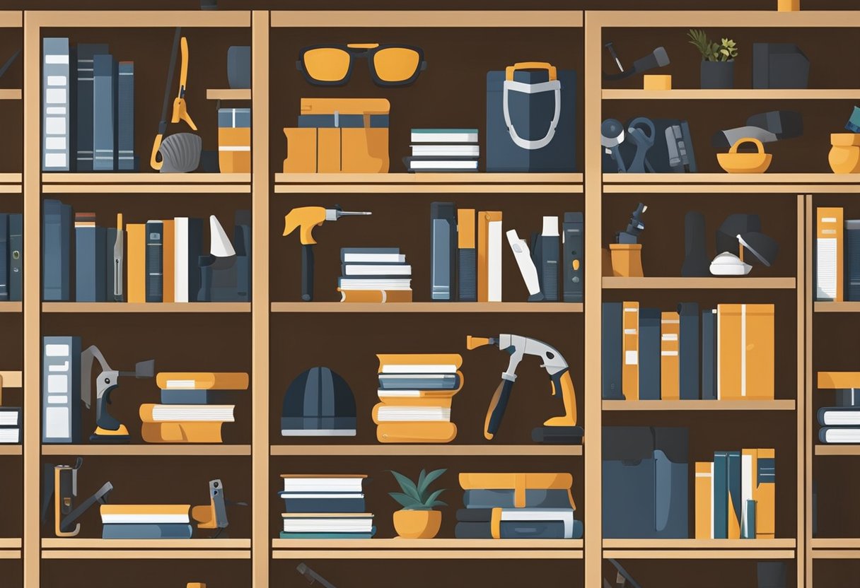 A person assembling a bookshelf with tools and safety equipment nearby. Books and decorative items are displayed on the finished shelves