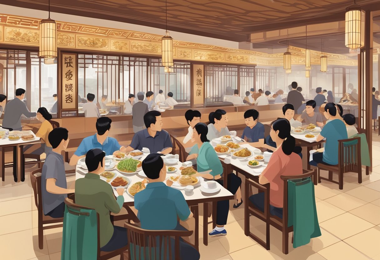 Diners savoring dim sum and Peking duck in a bustling Singaporean Chinese restaurant