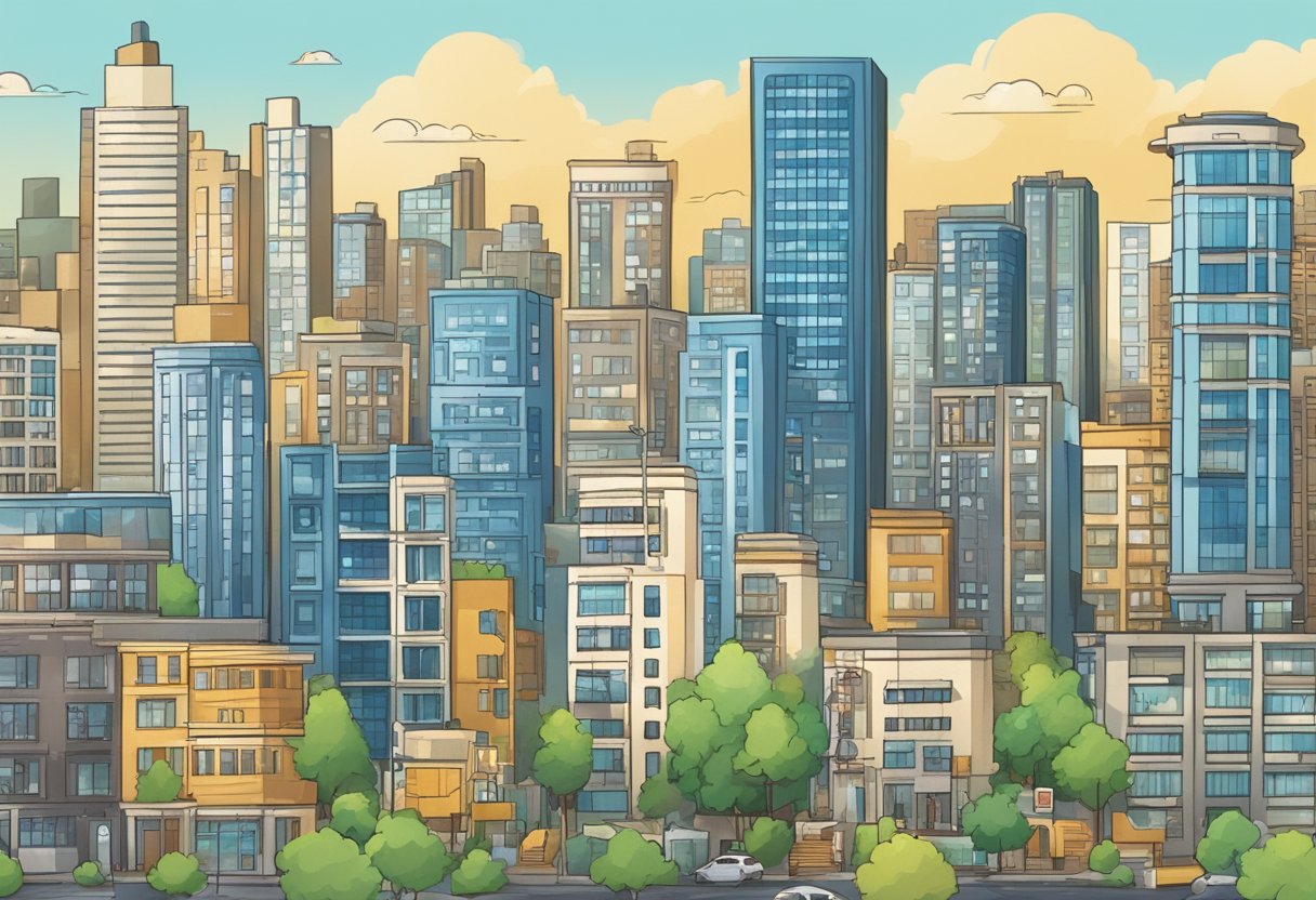 A bustling cityscape with high-rise buildings and diverse neighborhoods. Rental signs and advertisements are prominent, showcasing the variety of housing options available
