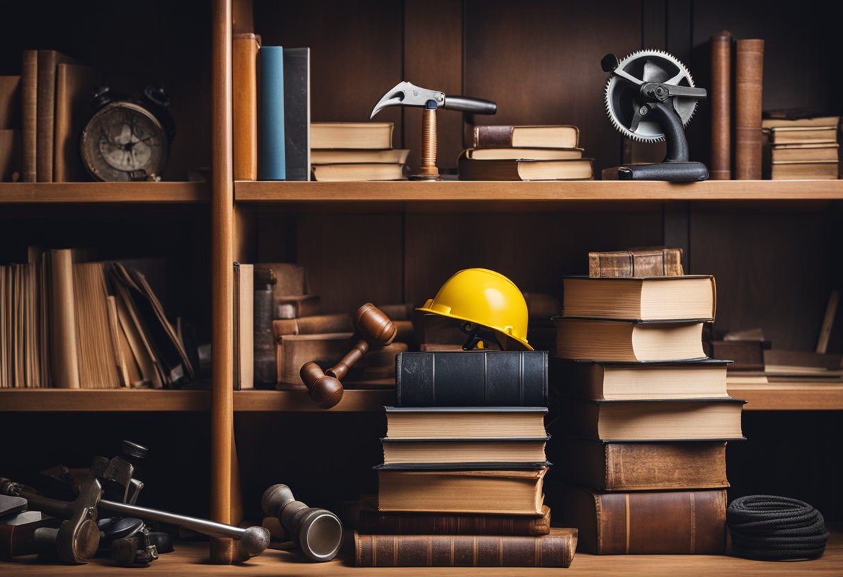 A cluttered bookshelf with books stacked haphazardly, shelves bowing under the weight. A screwdriver and hammer sit nearby, ready for repairs