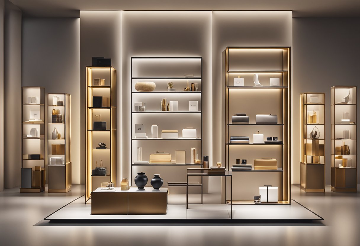 A luxurious display of Loewe products arranged on sleek, minimalist shelves, with soft lighting highlighting their exquisite craftsmanship