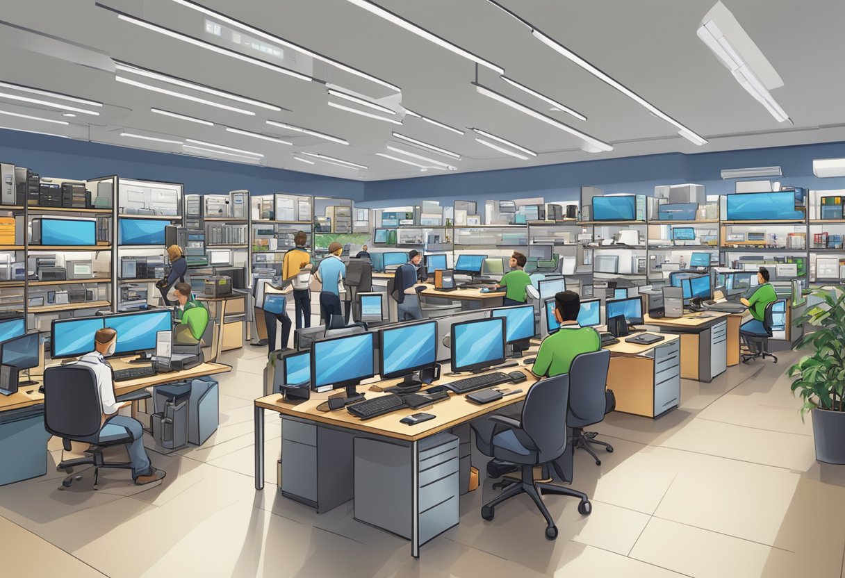 A bustling tech hub with shelves of gadgets, computers, and accessories. Customers browse, while staff provide expert advice and assistance
