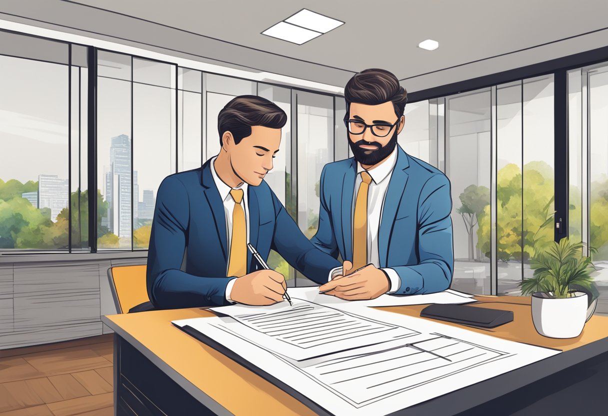 A person signing a rental agreement at a desk, with a real estate agent explaining terms and pointing to a document