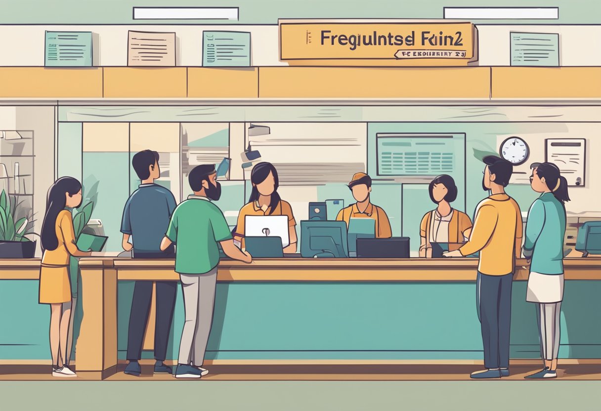 A busy customer service desk with people waiting in line, a sign displaying "Frequently Asked Questions" and a friendly staff member assisting a customer