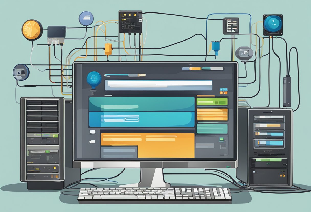 A computer surrounded by various electronic devices and cables, with a prominent "Frequently Asked Questions" sign on the screen