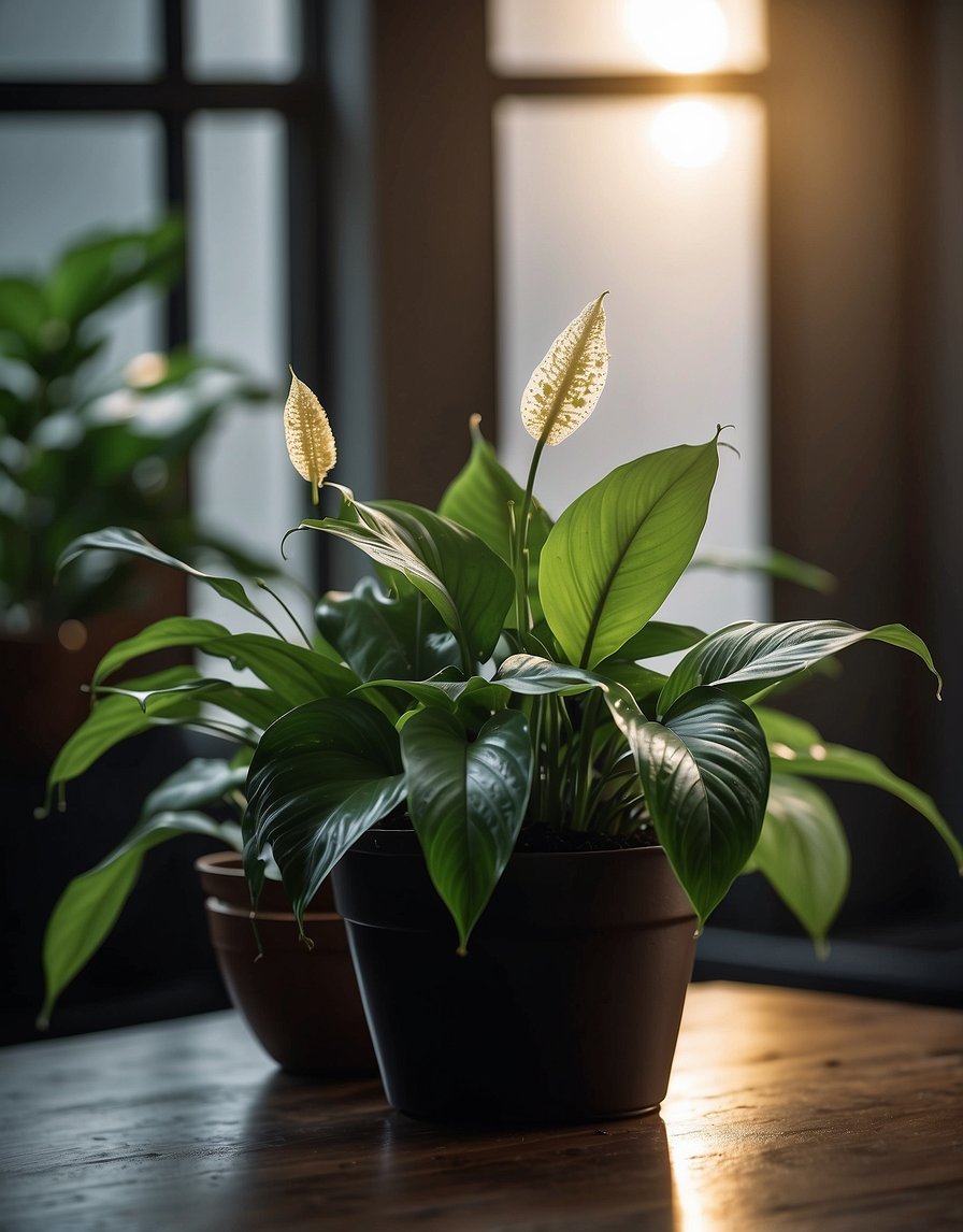 A peace lily droops in a dimly lit room. Overwatering causes yellowing leaves. Remove dead foliage and place in bright, indirect light