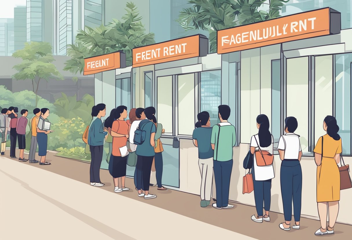 People lining up at a rental office in Singapore, with a sign that reads "Frequently Asked Questions about Rent" prominently displayed