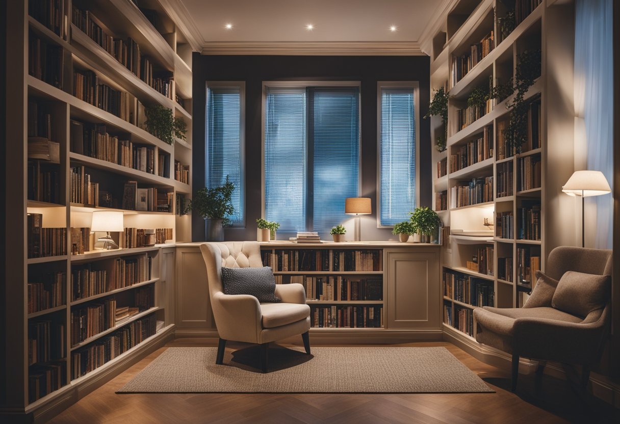 A cozy nook with built-in bookshelves, soft lighting, and a comfortable reading chair. A small space transformed into a stylish and functional home library