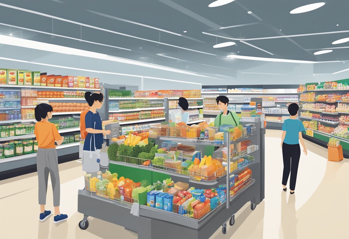 A bustling NTUC FairPrice store in Singapore, filled with neatly organized shelves of groceries and household items. Customers browse the aisles, while staff members restock and assist shoppers
