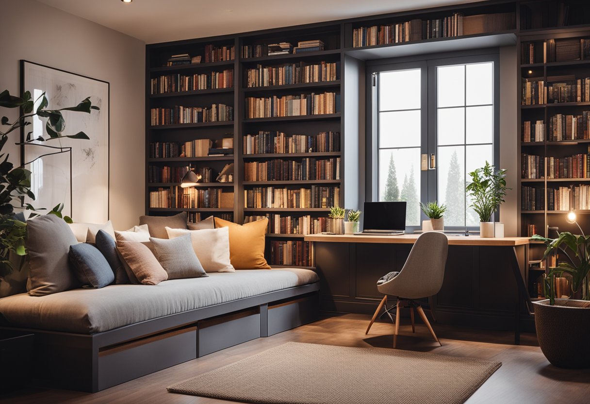 A cozy home library with built-in shelves, warm ambient lighting, and a comfy reading nook. A small space with big impact, perfect for compact living