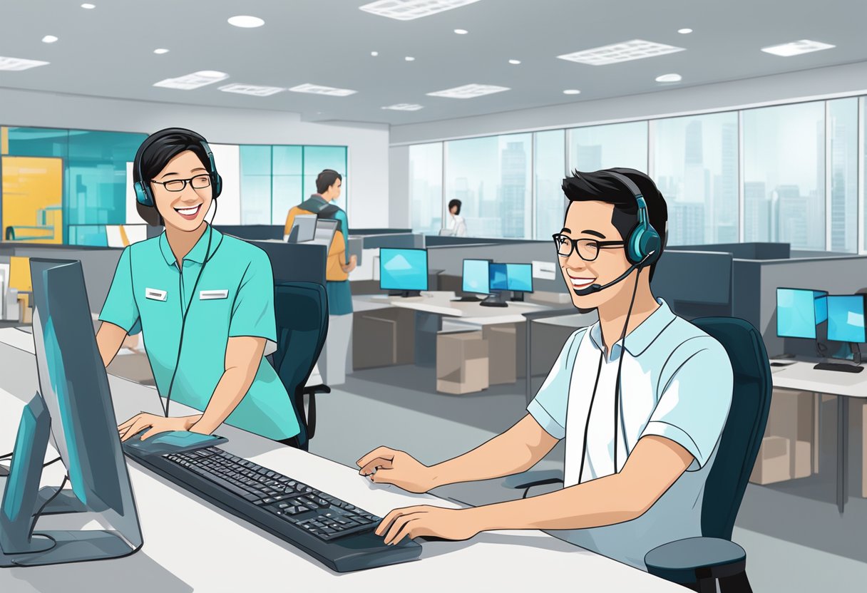 A customer service representative assists a client with a smile at the Hisense Singapore support center