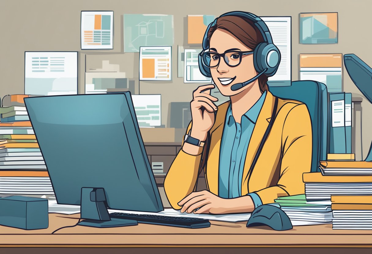 A customer service representative answering questions at a desk with a computer and phone, surrounded by a stack of brochures and a "Frequently Asked Questions" sign
