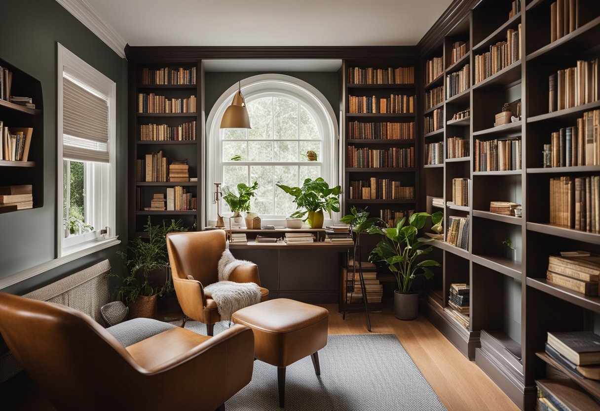 A cozy nook with built-in bookshelves, a comfortable reading chair, and a small desk with a lamp. The space is neatly organized with books, plants, and decorative accents, creating a warm and inviting home library