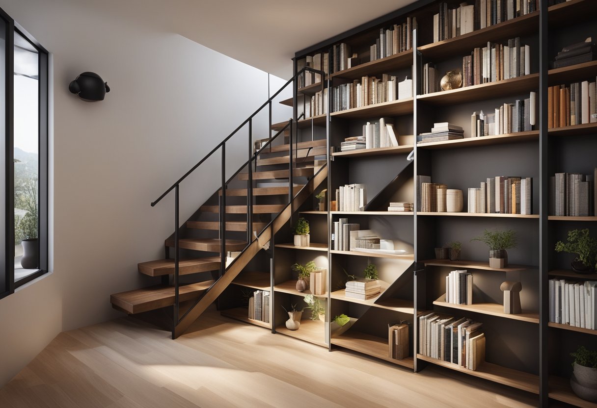 A bookshelf attached to the ceiling, a ladder sliding along the wall, and a compact reading nook tucked under the staircase