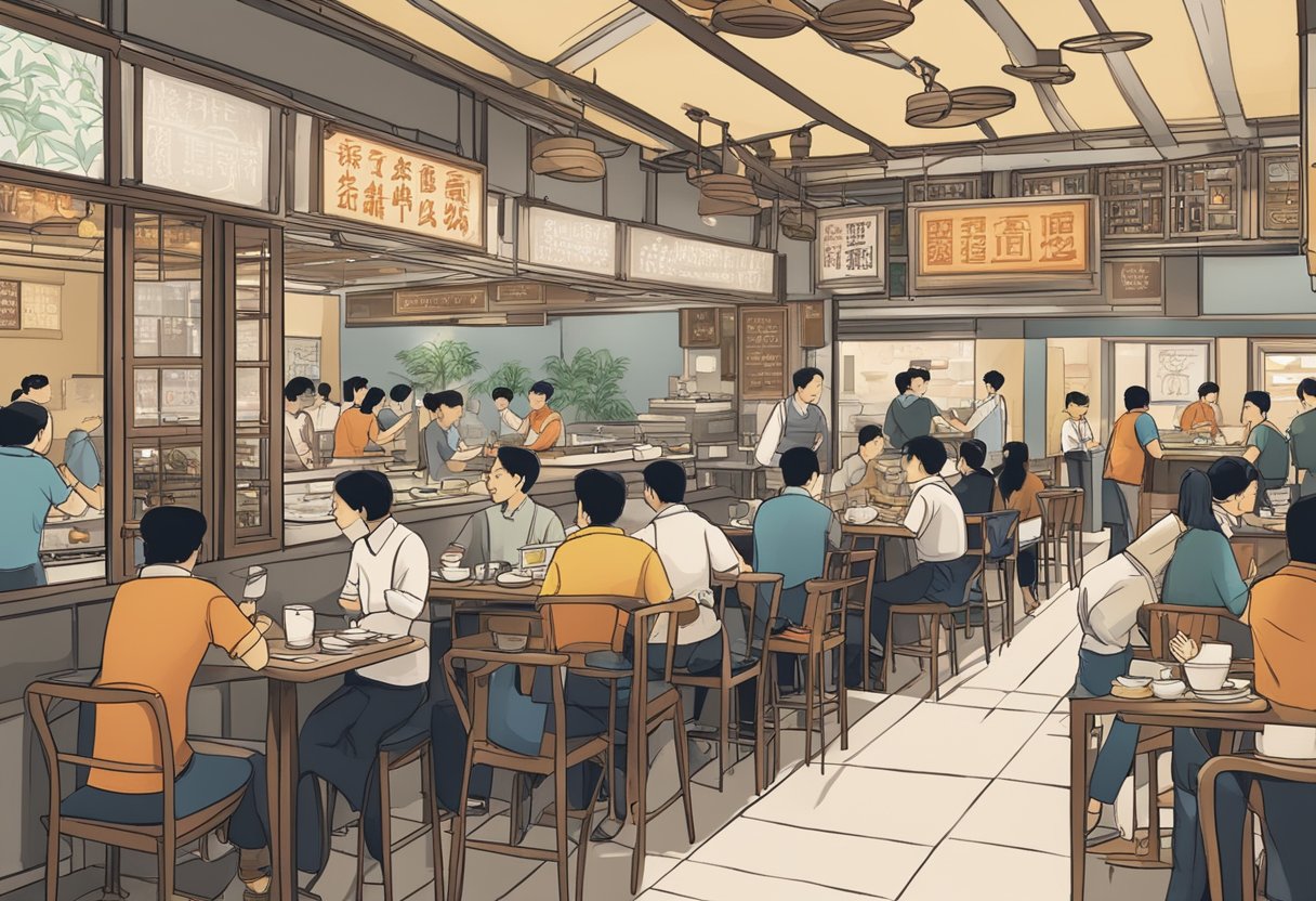 A bustling Chinese restaurant in Singapore, with customers dining and chatting, waiters bustling about, and a sign prominently displaying "Frequently Asked Questions."