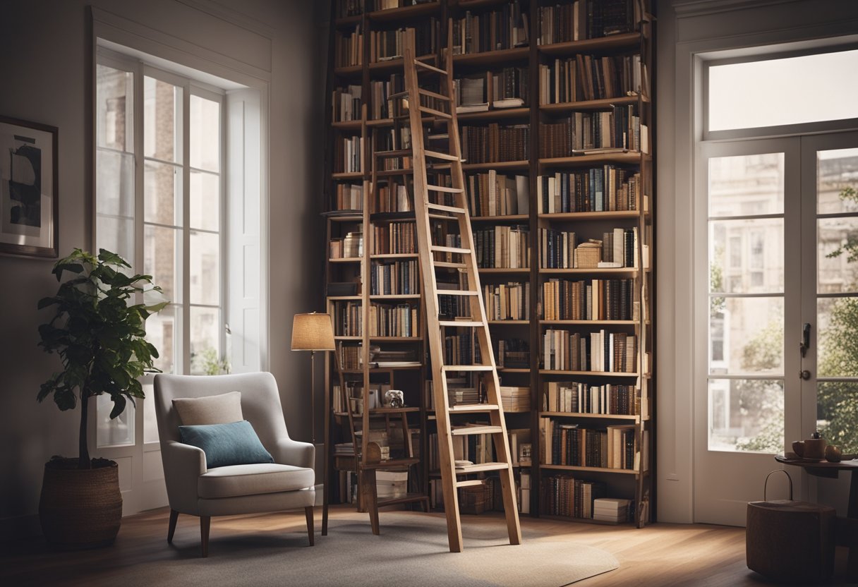 A tall bookshelf filled with books against a wall, with a ladder leaning against it for easy access to the higher shelves. A cozy reading nook with a comfortable chair and a small table for a lamp and a cup of tea