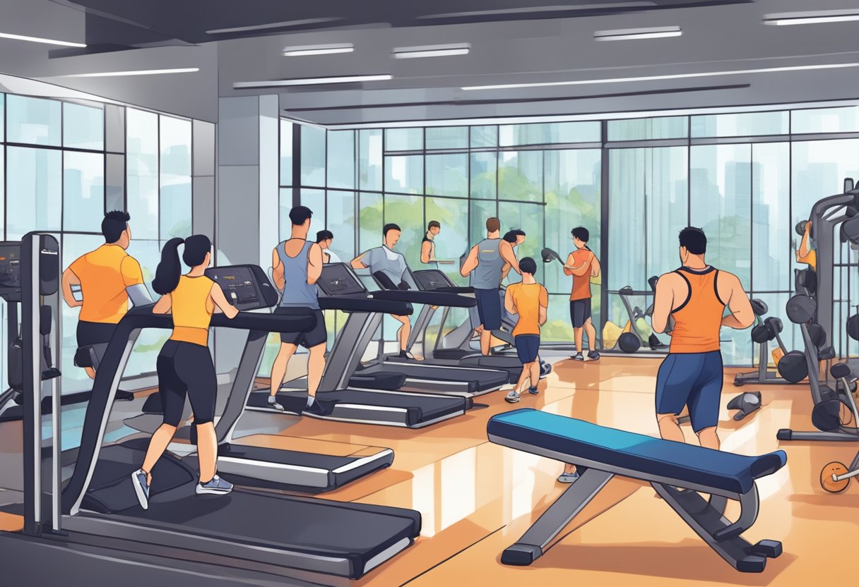A bustling gym with people working out, sweat dripping down their faces, in the heart of Singapore