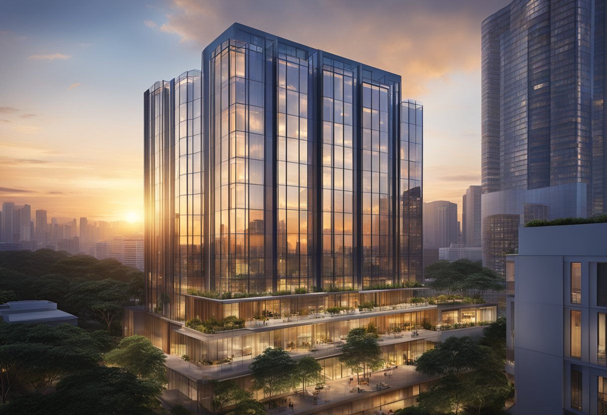 The sun sets behind the modern, glass facade of Parkroyal Serviced Suites Singapore, casting a warm glow over the surrounding cityscape