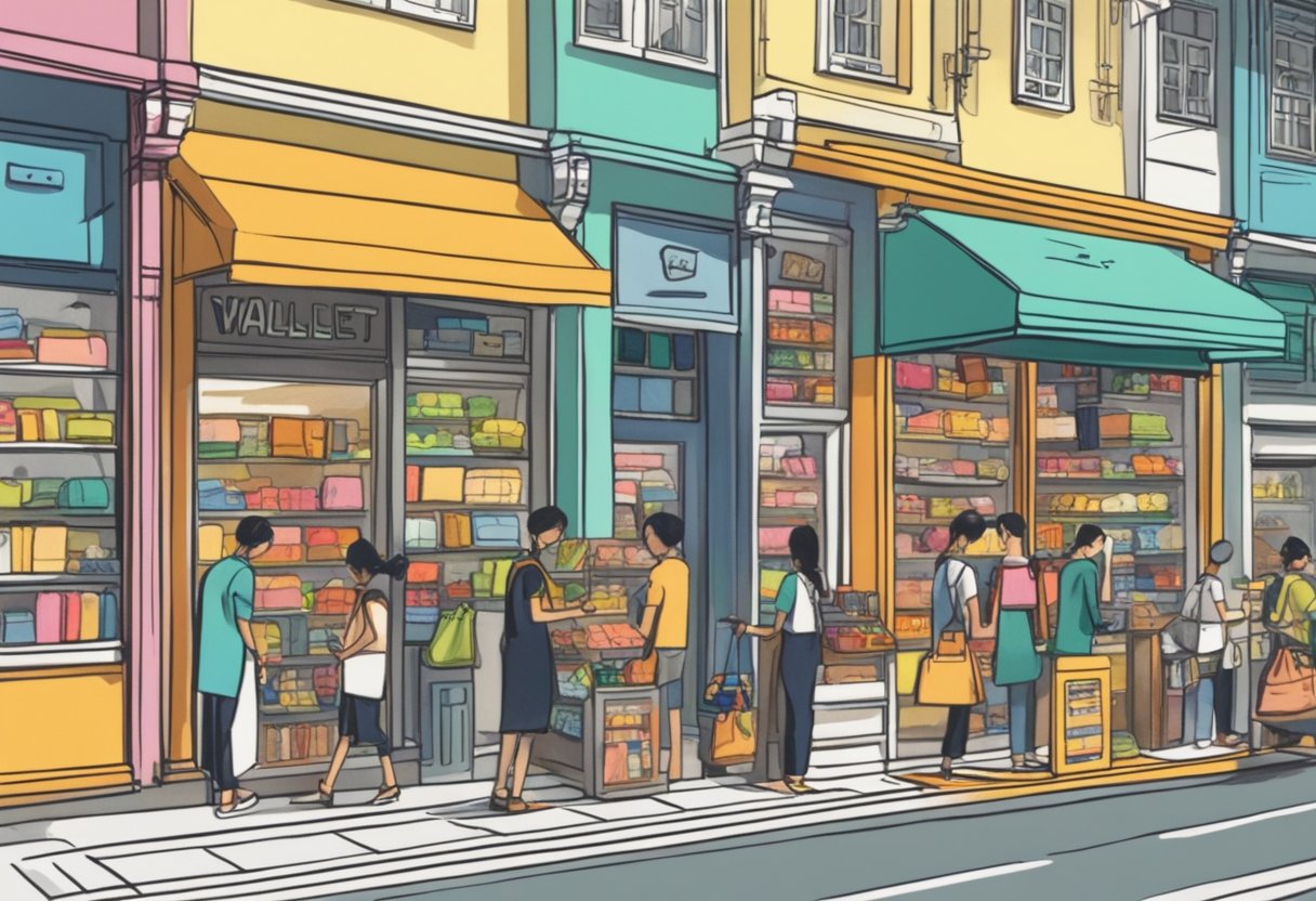 A bustling street in Singapore, with a vibrant storefront labeled "The Wallet Shop." Brightly colored wallets and accessories are displayed in the window, drawing in passersby with their stylish designs