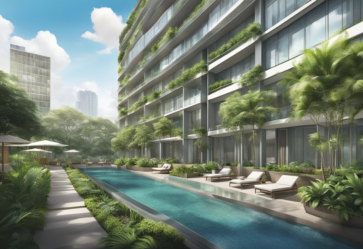 The Parkroyal Serviced Suites in Singapore feature modern architecture, lush greenery, and a serene pool area, creating a peaceful and luxurious accommodation option