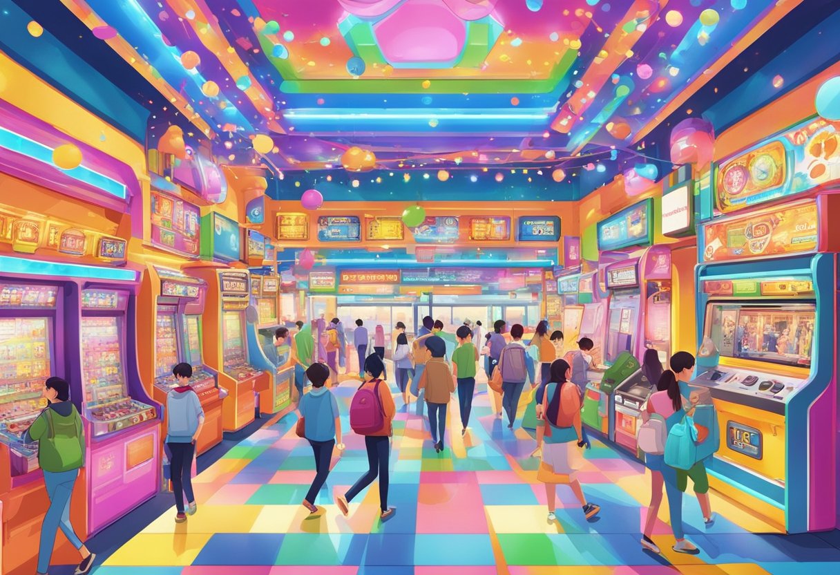 People walking through vibrant Tayo Station, surrounded by colorful arcade games and lively music. Bright lights and playful atmosphere fill the space