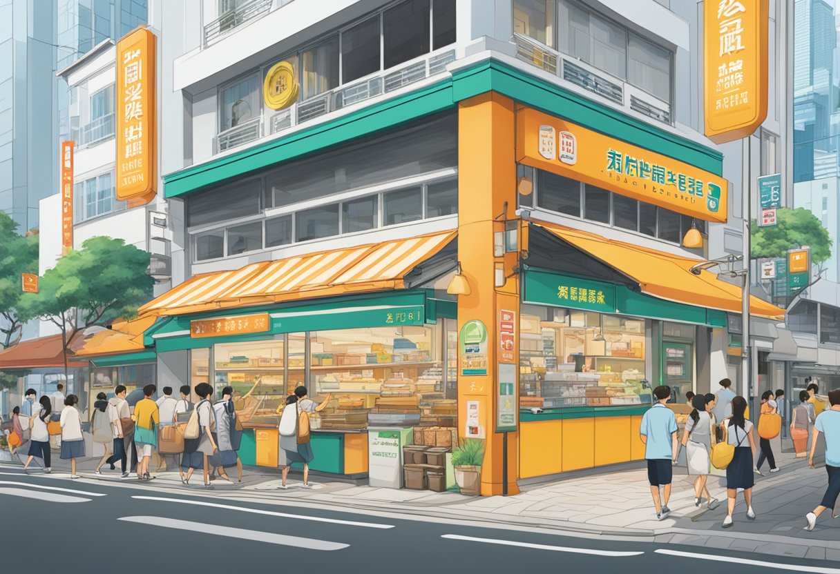 A bustling storefront with the Tokyo Milk Cheese Factory logo, surrounded by colorful street signs and busy pedestrians in Singapore