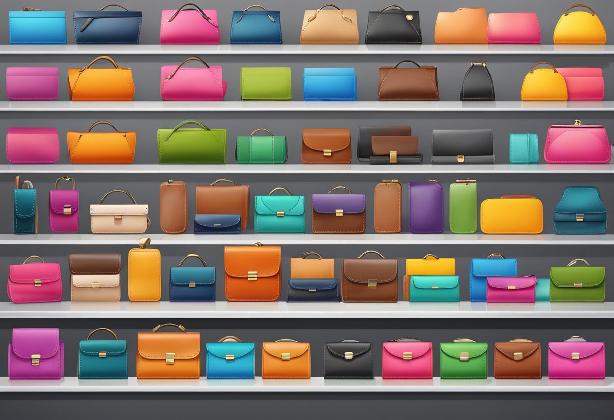 A bright, modern wallet shop with rows of colorful leather wallets on display, a sleek counter, and a friendly salesperson assisting customers