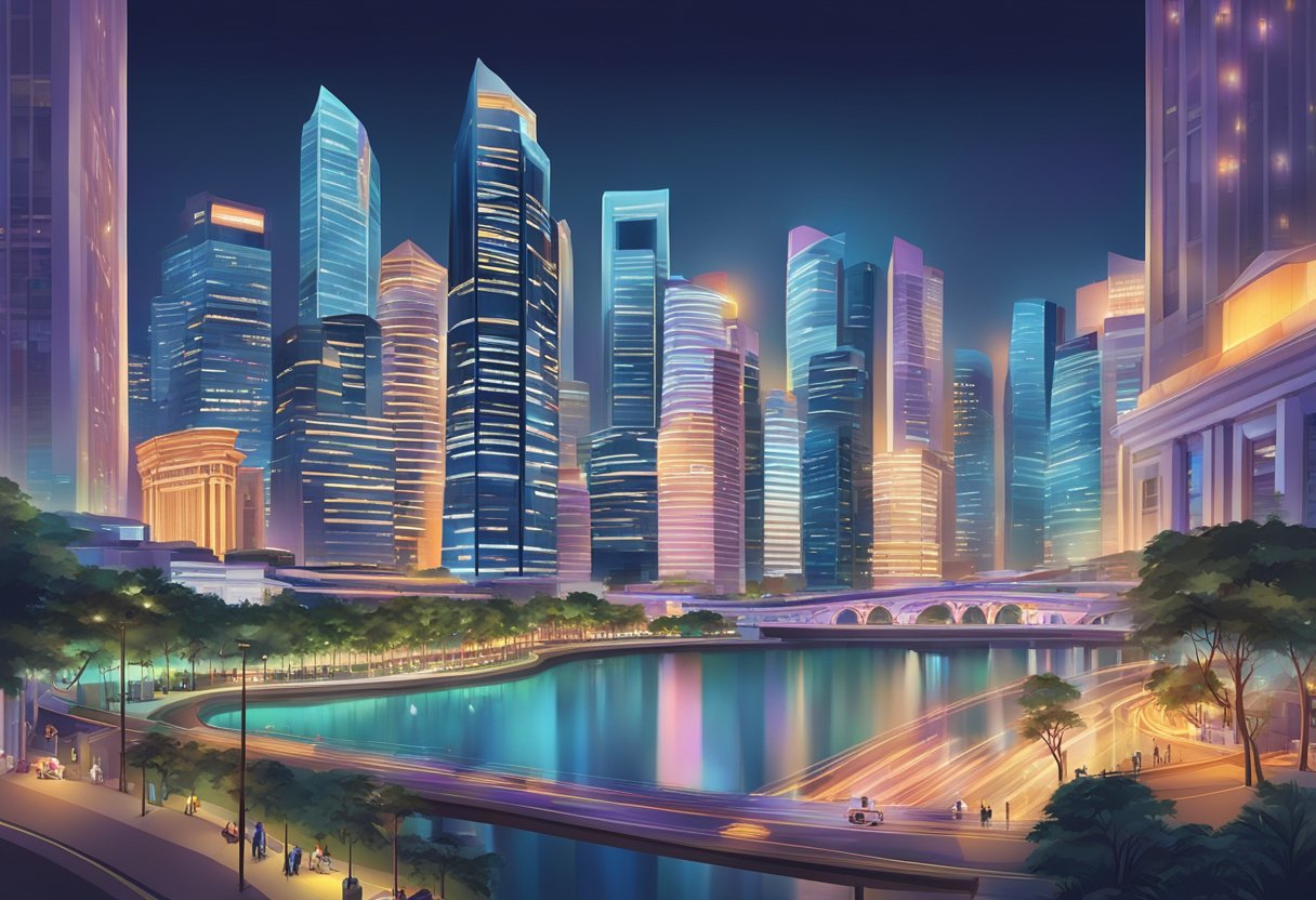 A vibrant cityscape with iconic landmarks and bustling streets illuminated by the glow of the spotlight in Singapore