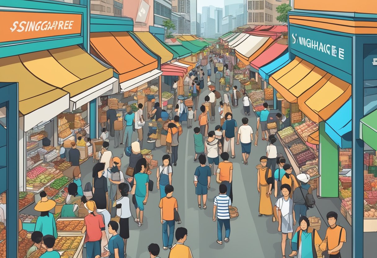 A bustling Singapore market with vendors selling goods, and signs displaying currency exchange rates for VND