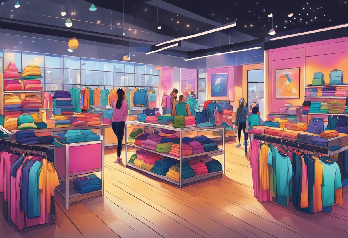 A bustling store with vibrant activewear displays, customers browsing, and staff assisting. Bright lights and energetic music create a lively atmosphere